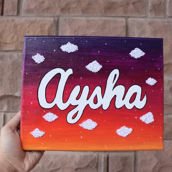 Handmade Personalized Name Canvas with sunset and embroidered cloud background. - Picture 2 of 4